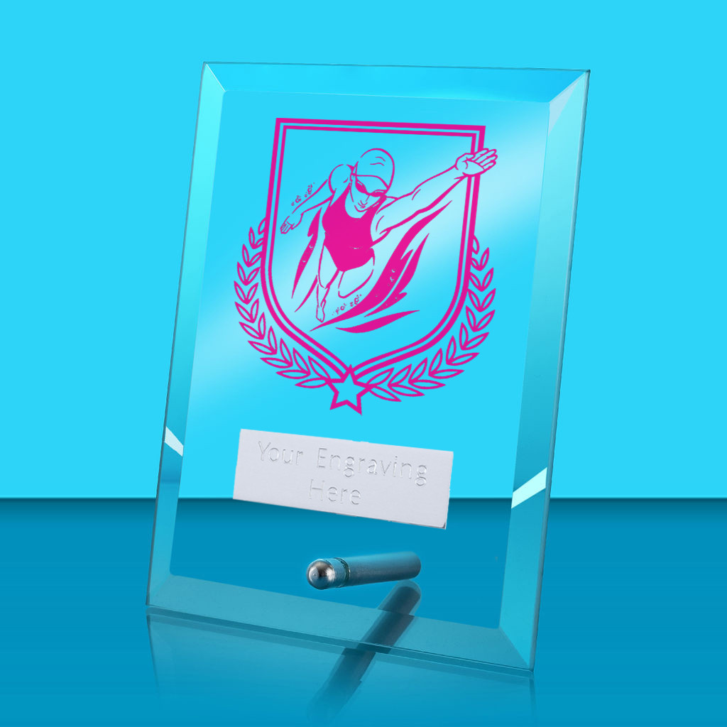 UV Colour Printed Female Swimming Glass Rectangle Award with Metal Pin