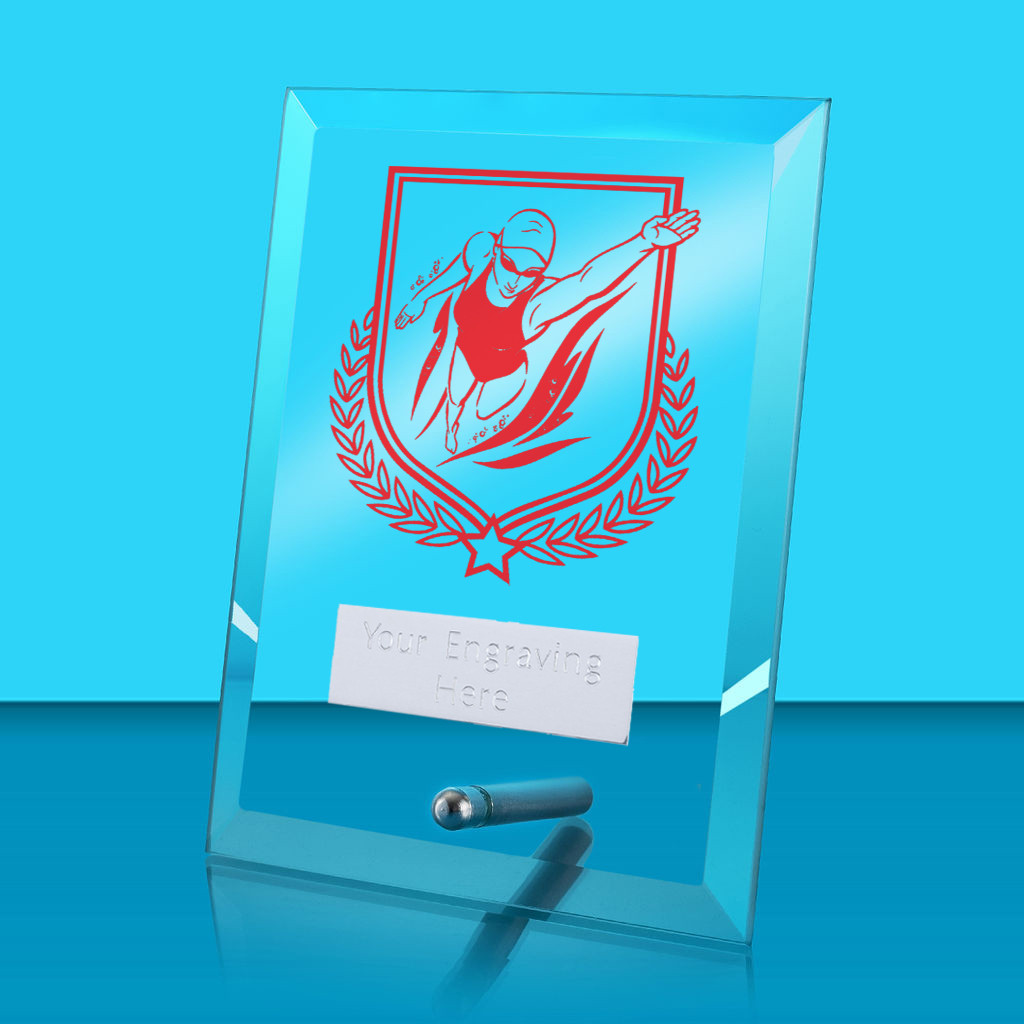 UV Colour Printed Female Swimming Glass Rectangle Award with Metal Pin