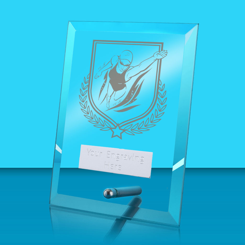 UV Colour Printed Female Swimming Glass Rectangle Award with Metal Pin