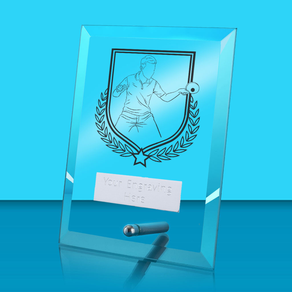 UV Colour Printed Table Tennis Glass Rectangle Award with Metal Pin