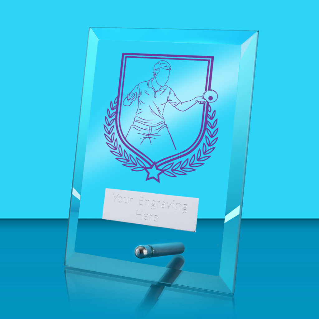 UV Colour Printed Table Tennis Glass Rectangle Award with Metal Pin