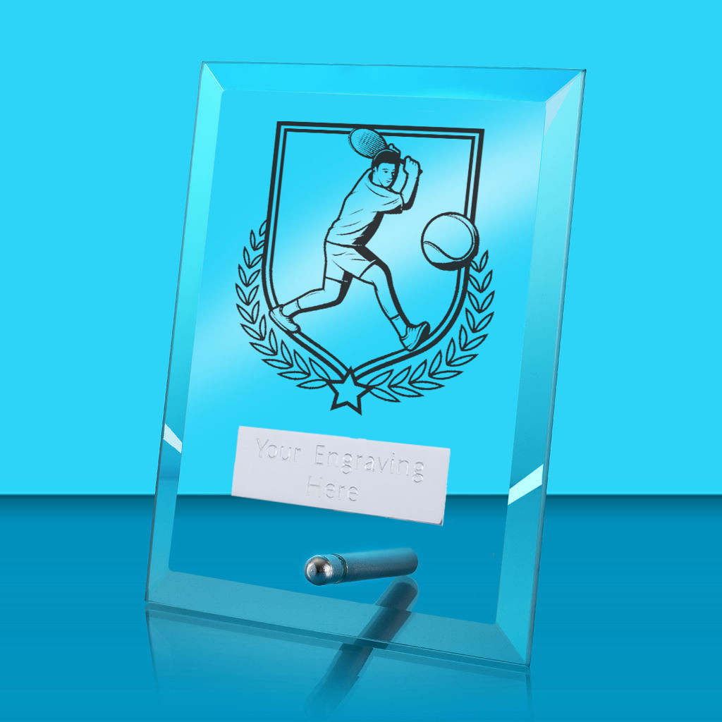 UV Colour Printed Male Tennis Glass Rectangle Award with Metal Pin