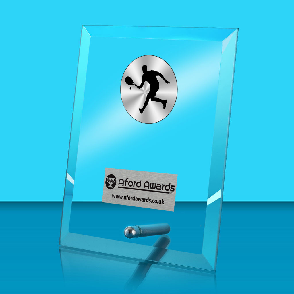 Tennis Glass Rectangle Award with Metal Pin