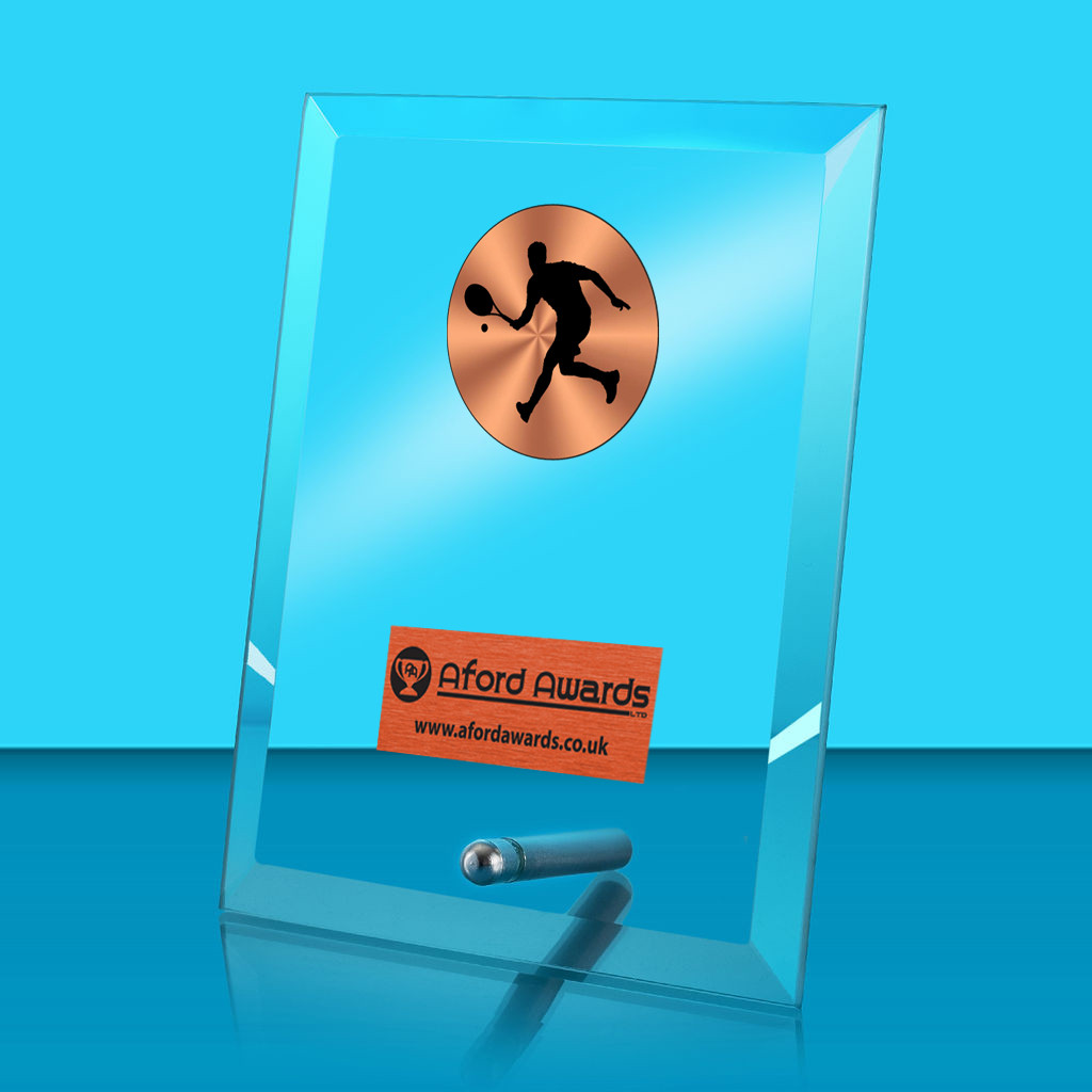 Tennis Glass Rectangle Award with Metal Pin