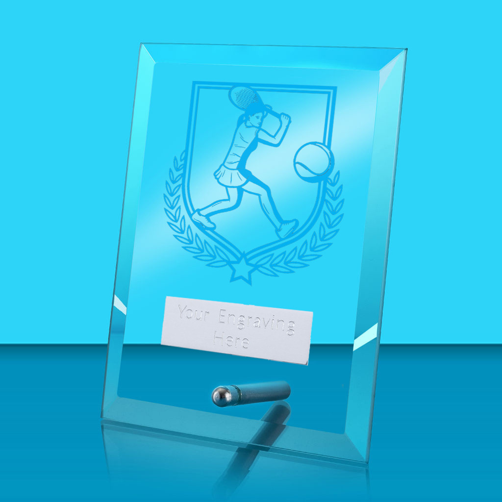 UV Colour Printed Female Tennis Glass Rectangle Award with Metal Pin