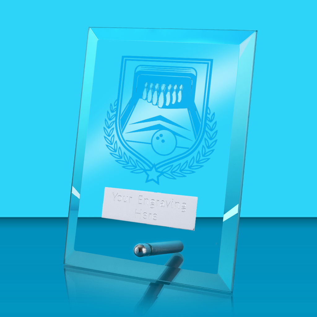 UV Colour Printed Ten Pin Bowling Glass Rectangle Award with Metal Pin