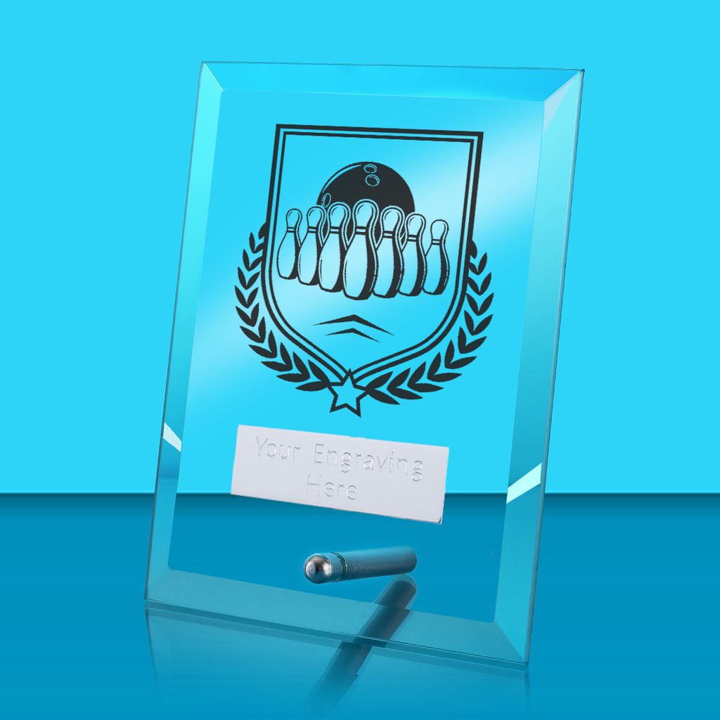UV Colour Printed Ten Pin Bowling Glass Rectangle Award with Metal Pin