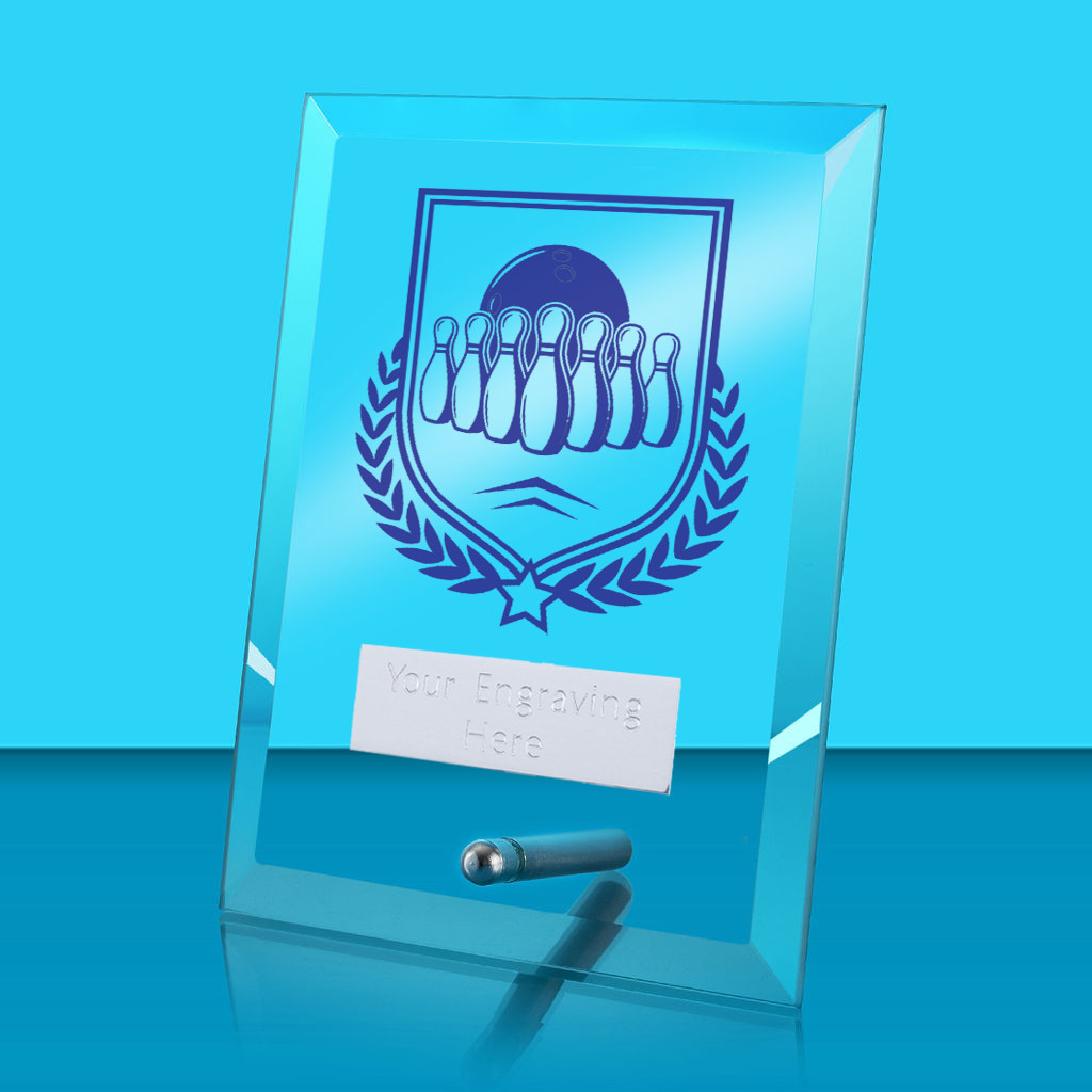 UV Colour Printed Ten Pin Bowling Glass Rectangle Award with Metal Pin