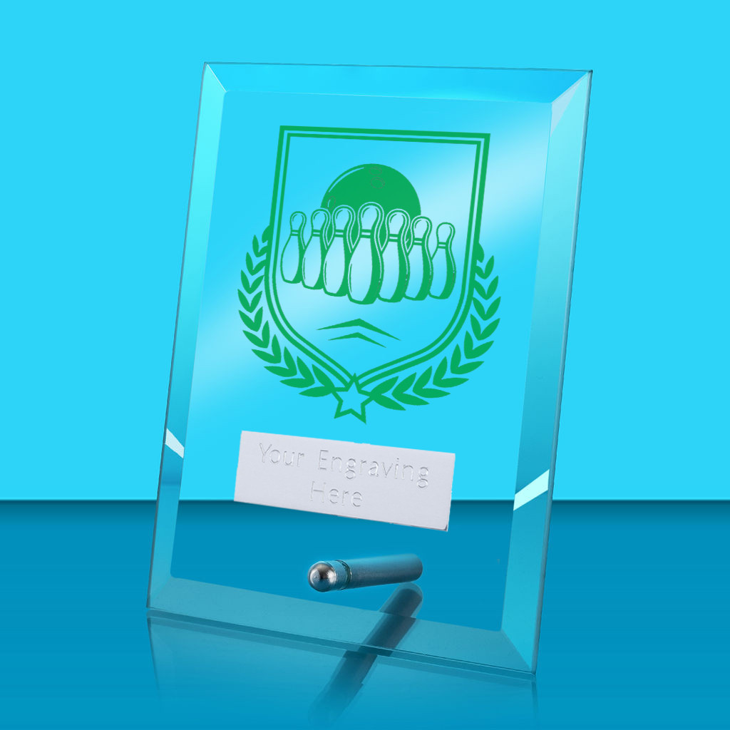 UV Colour Printed Ten Pin Bowling Glass Rectangle Award with Metal Pin