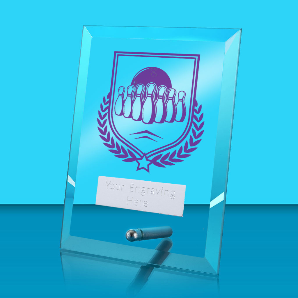 UV Colour Printed Ten Pin Bowling Glass Rectangle Award with Metal Pin