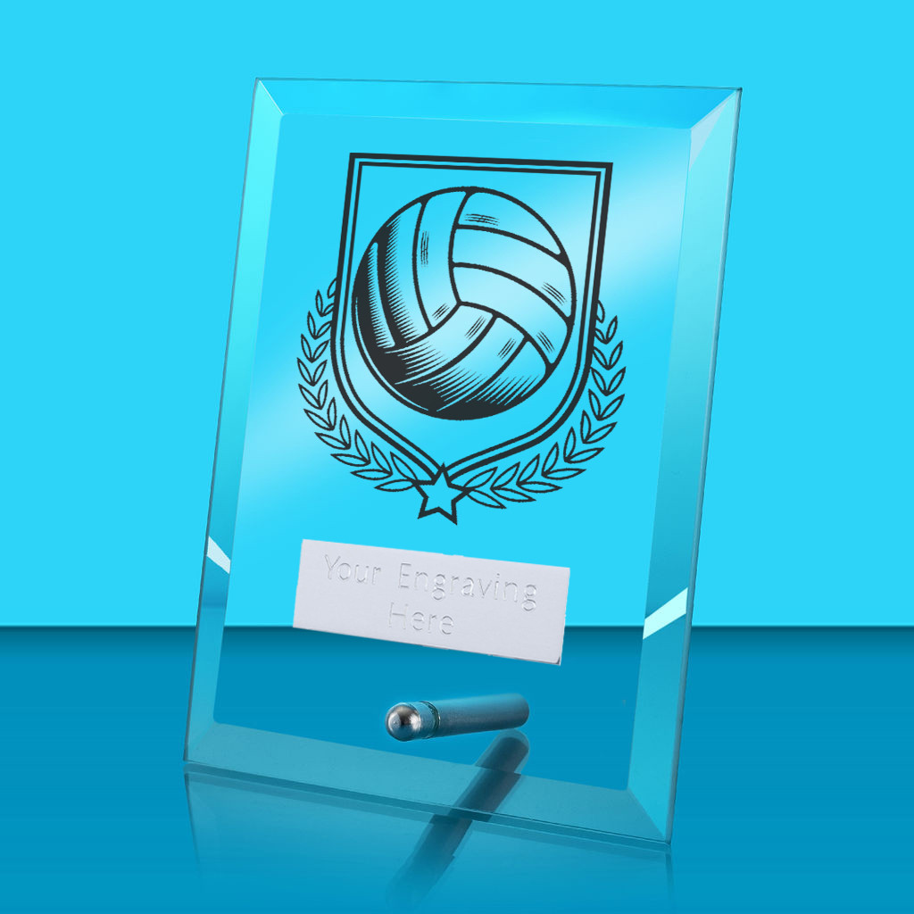 UV Colour Printed Volleyball Glass Rectangle Award with Metal Pin