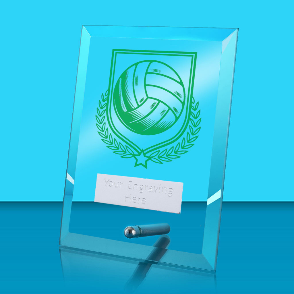 UV Colour Printed Volleyball Glass Rectangle Award with Metal Pin