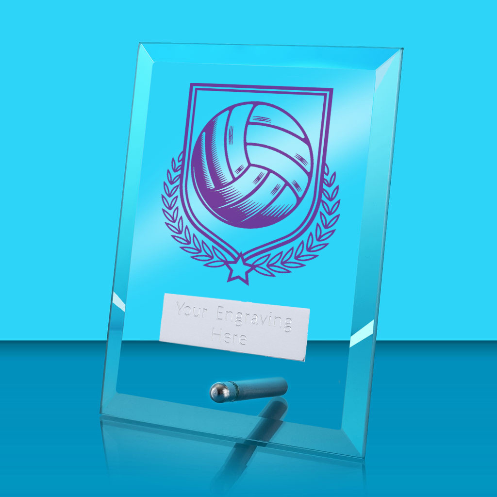 UV Colour Printed Volleyball Glass Rectangle Award with Metal Pin