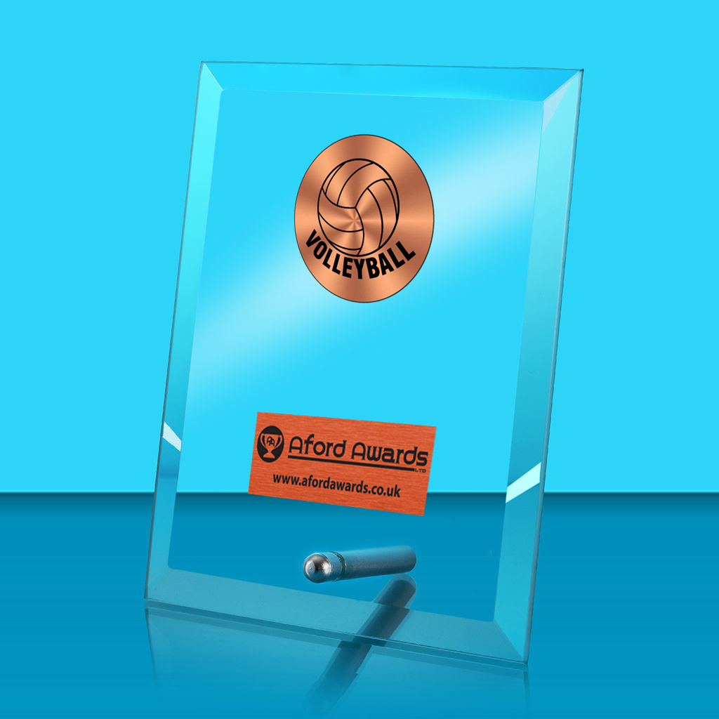 Volleyball Glass Rectangle Award with Metal Pin