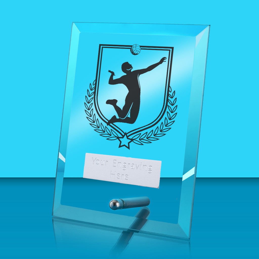 UV Colour Printed Volleyball Glass Rectangle Award with Metal Pin