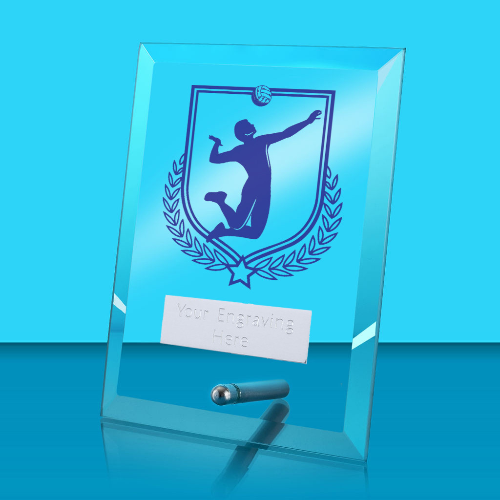 UV Colour Printed Volleyball Glass Rectangle Award with Metal Pin