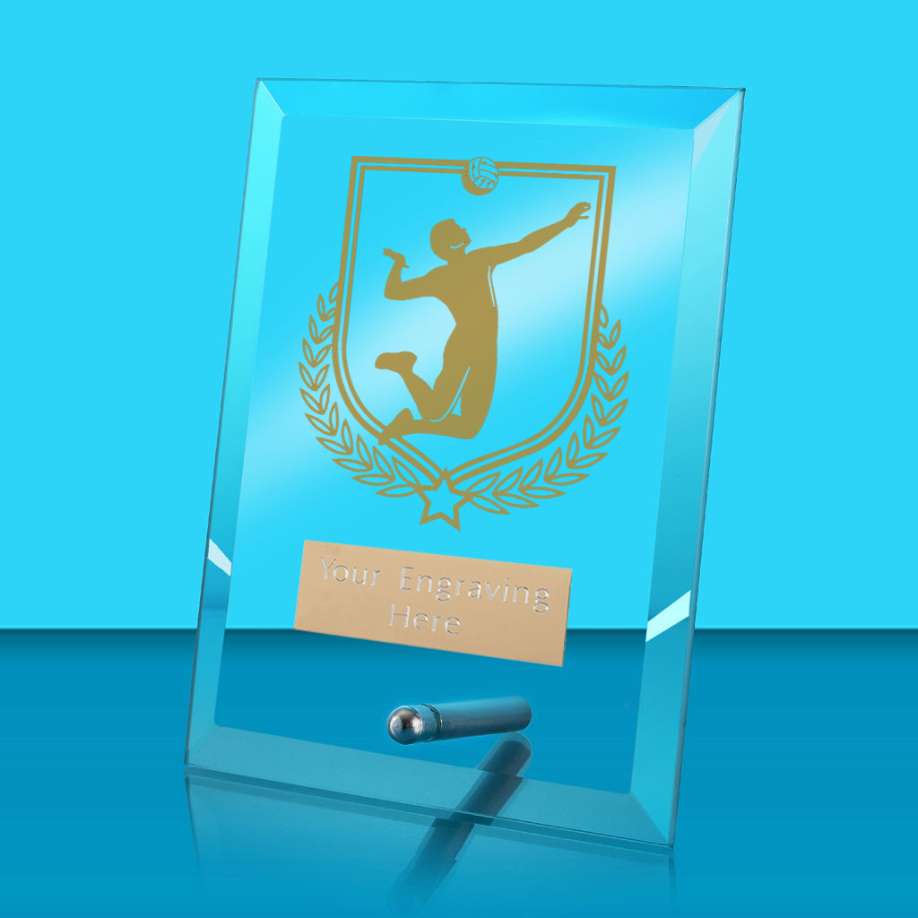 UV Colour Printed Volleyball Glass Rectangle Award with Metal Pin