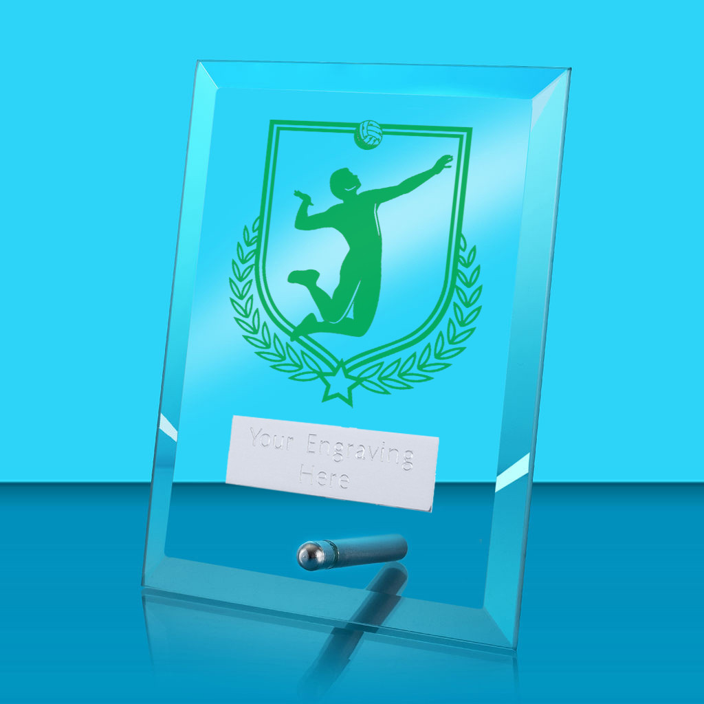 UV Colour Printed Volleyball Glass Rectangle Award with Metal Pin