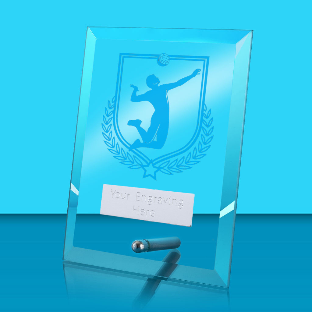 UV Colour Printed Volleyball Glass Rectangle Award with Metal Pin