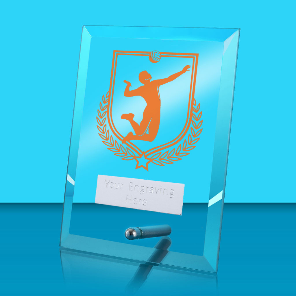UV Colour Printed Volleyball Glass Rectangle Award with Metal Pin
