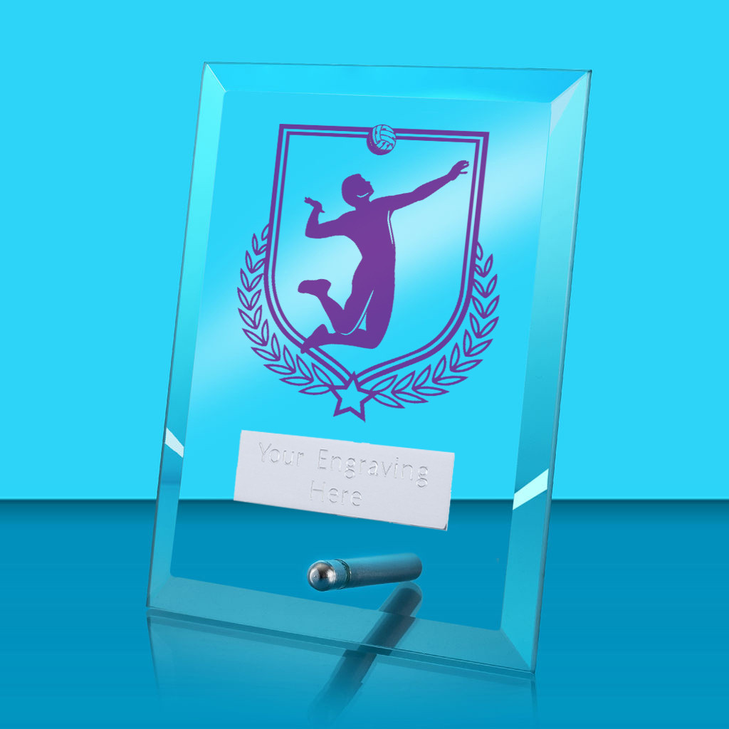 UV Colour Printed Volleyball Glass Rectangle Award with Metal Pin