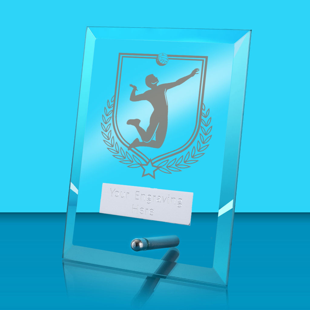 UV Colour Printed Volleyball Glass Rectangle Award with Metal Pin