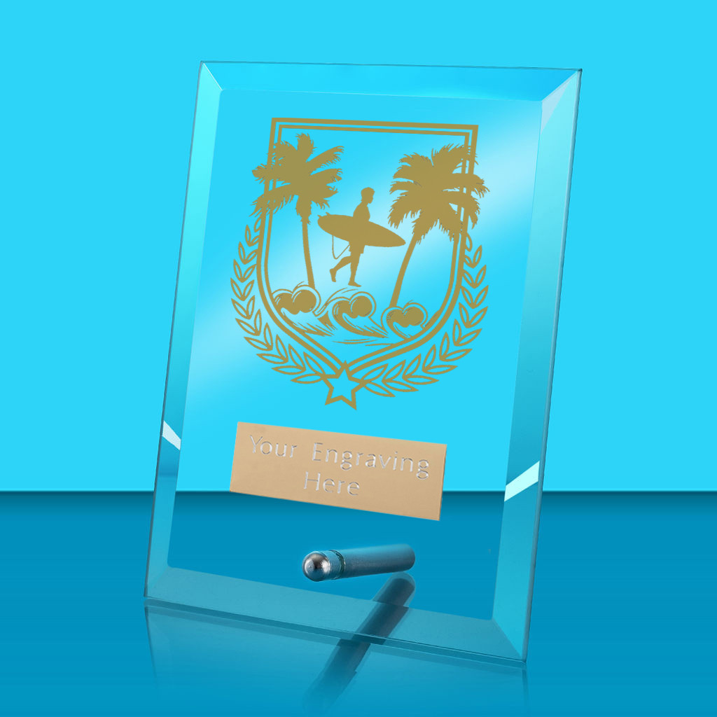 UV Colour Printed Surfing Glass Rectangle Award with Metal Pin