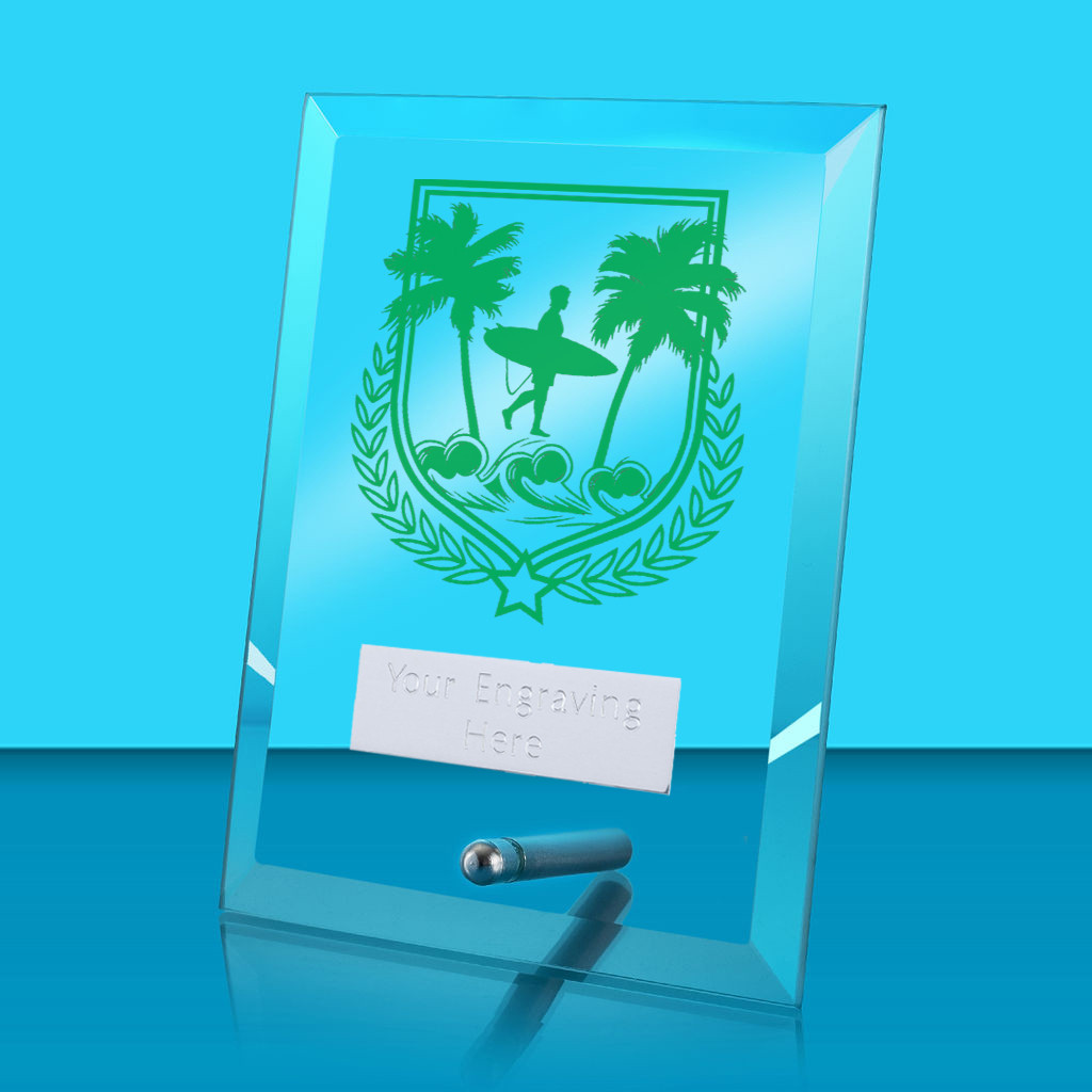 UV Colour Printed Surfing Glass Rectangle Award with Metal Pin