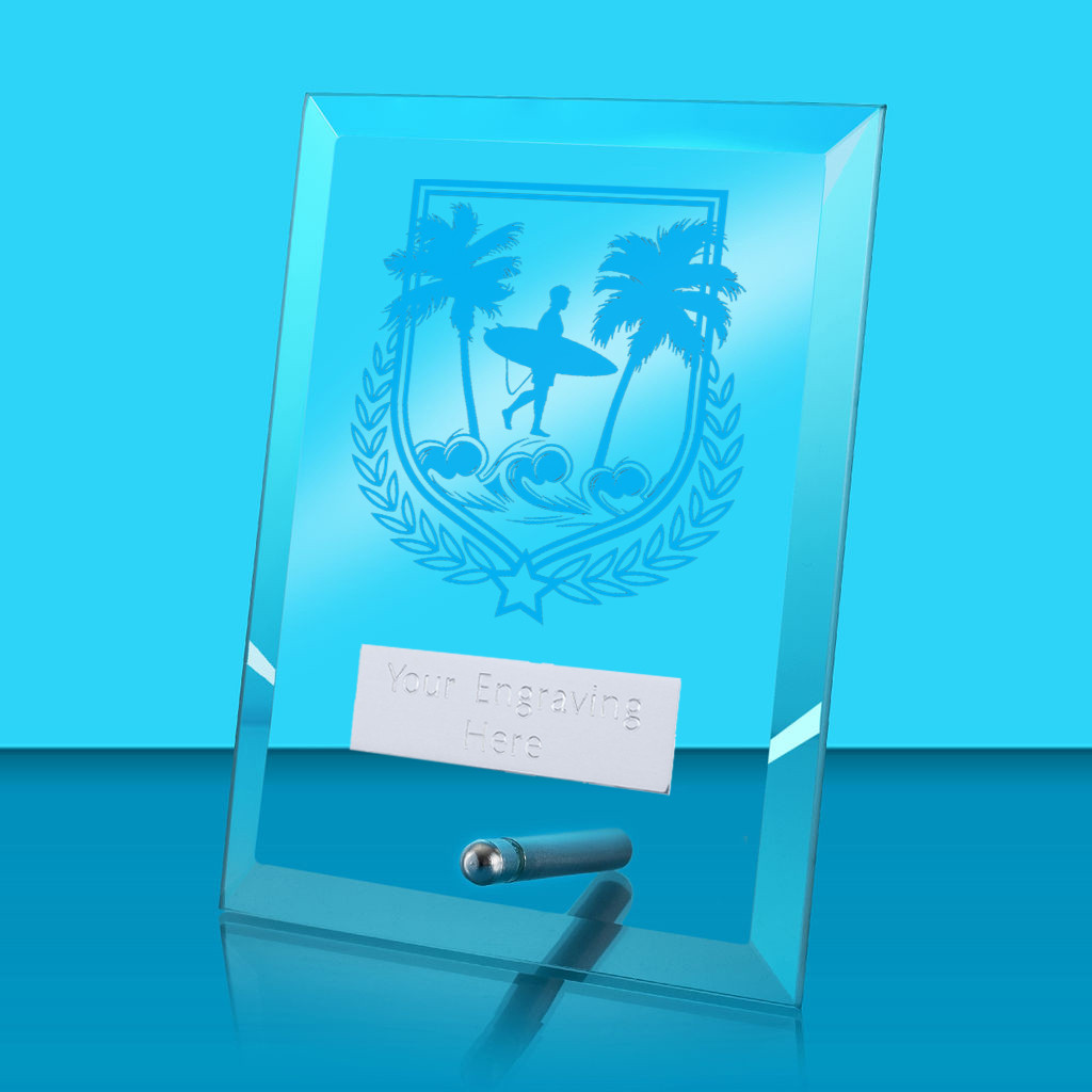 UV Colour Printed Surfing Glass Rectangle Award with Metal Pin