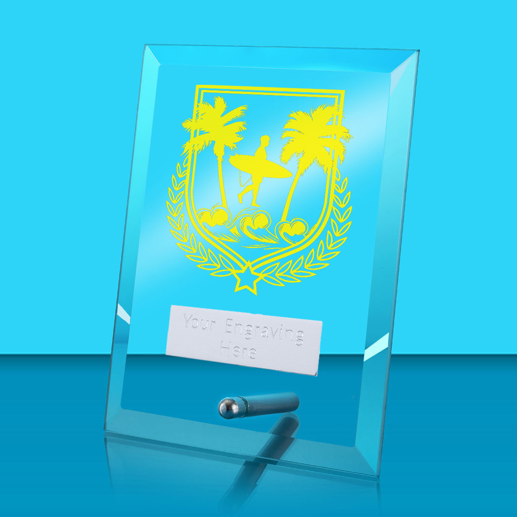 UV Colour Printed Surfing Glass Rectangle Award with Metal Pin