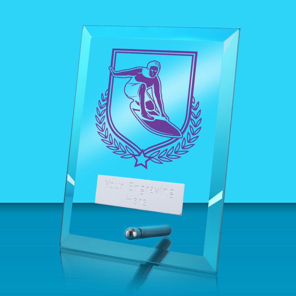 UV Colour Printed Surfing Glass Rectangle Award with Metal Pin