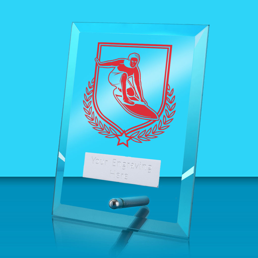UV Colour Printed Surfing Glass Rectangle Award with Metal Pin