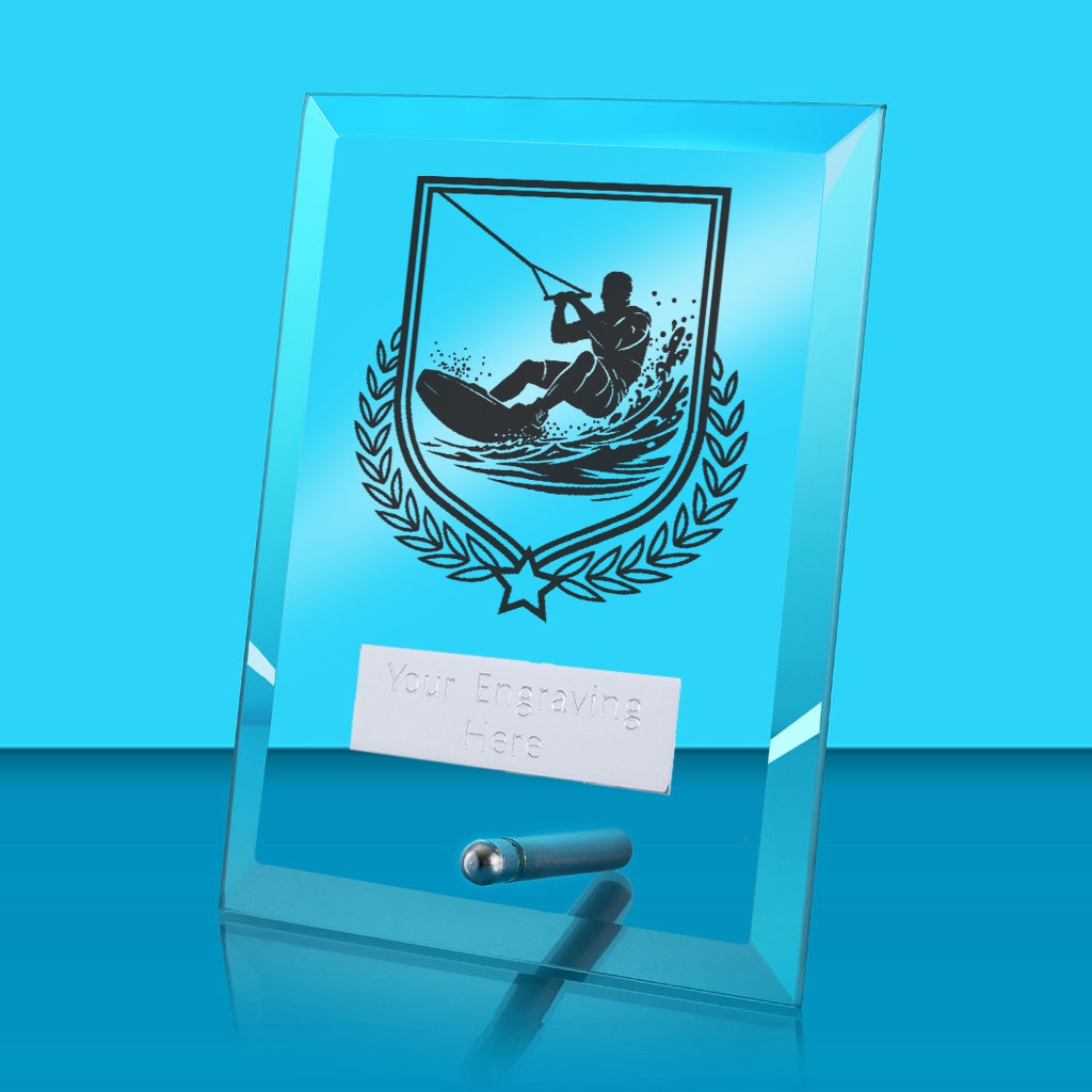 UV Colour Printed Watersports Glass Rectangle Award with Metal Pin