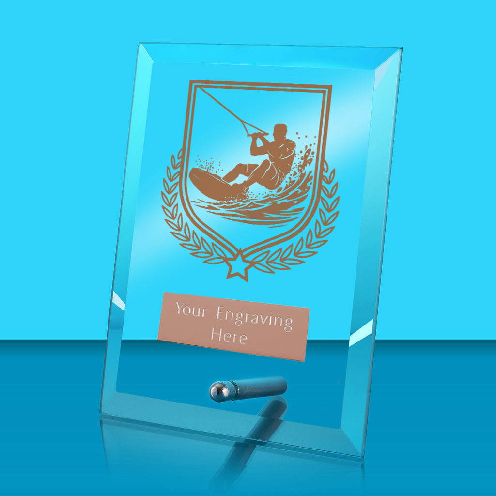 UV Colour Printed Watersports Glass Rectangle Award with Metal Pin