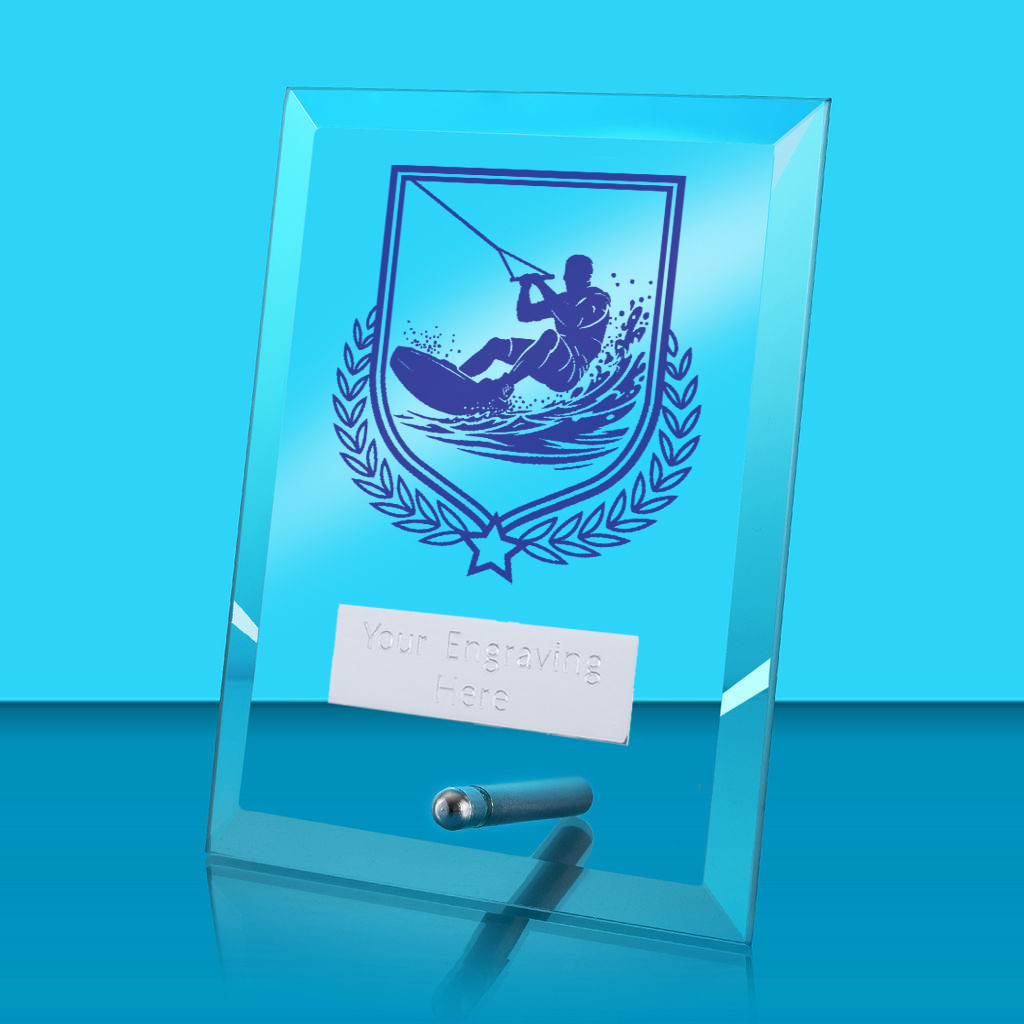 UV Colour Printed Watersports Glass Rectangle Award with Metal Pin