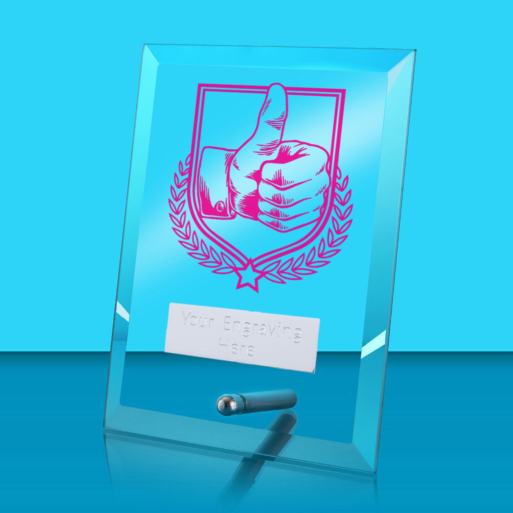 UV Colour Printed Thumbs Up Glass Rectangle Award with Metal Pin