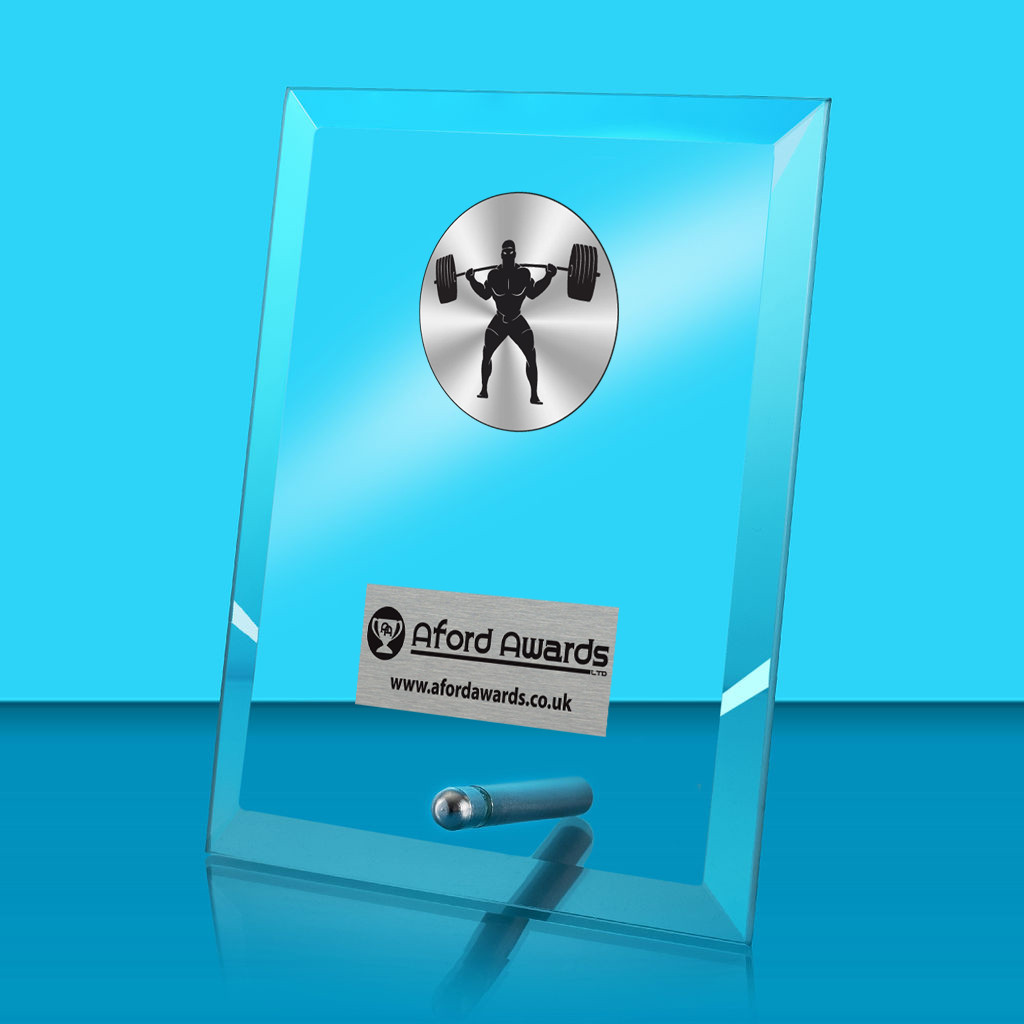 Weightlifting Glass Rectangle Award with Metal Pin
