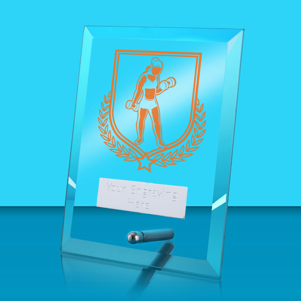 UV Colour Printed Female Weightlifting Glass Rectangle Award with Metal Pin