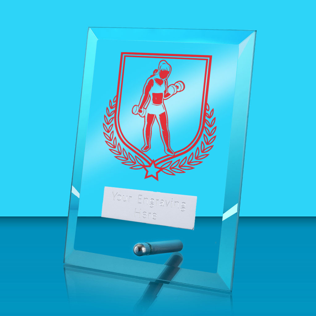 UV Colour Printed Female Weightlifting Glass Rectangle Award with Metal Pin