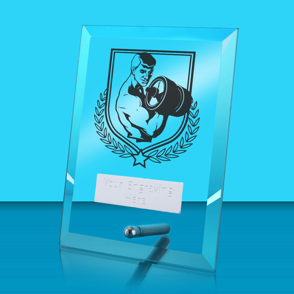 UV Colour Printed Weightlifting Glass Rectangle Award with Metal Pin