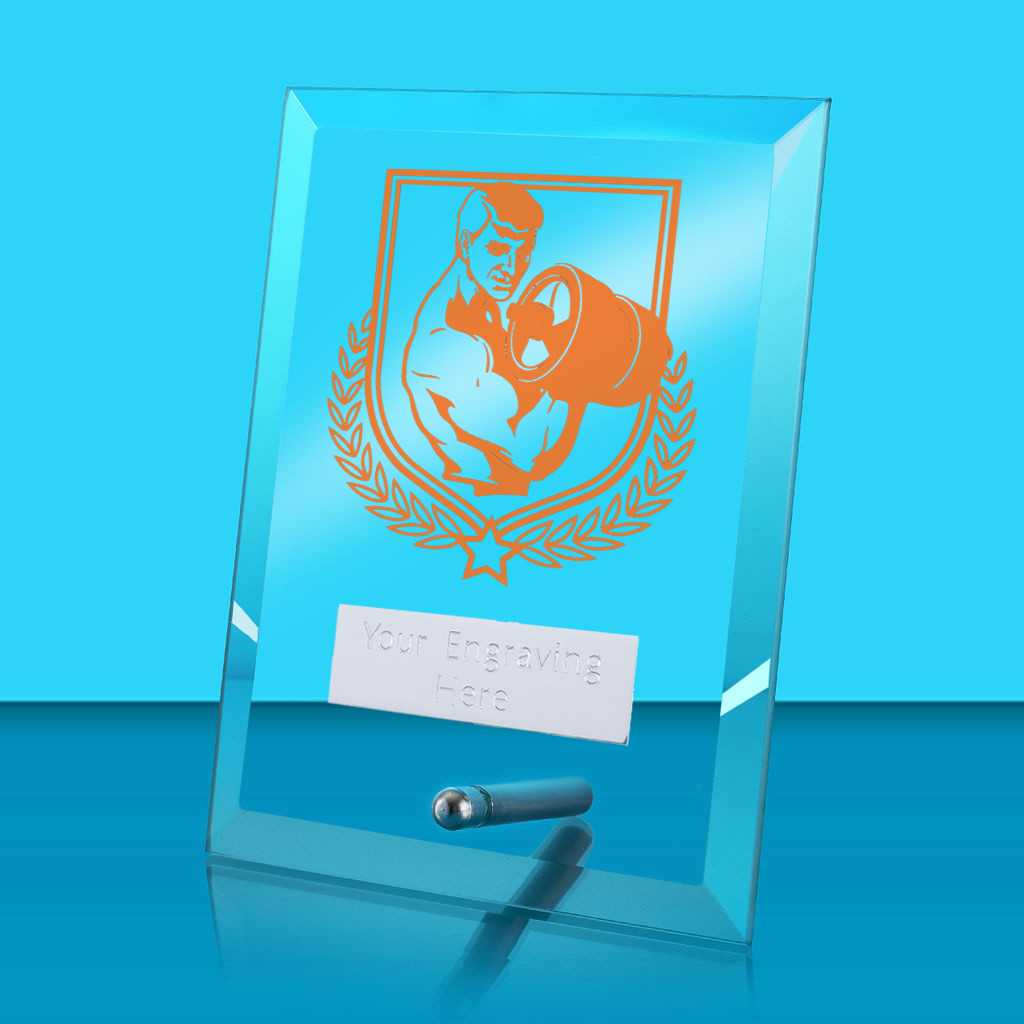UV Colour Printed Weightlifting Glass Rectangle Award with Metal Pin