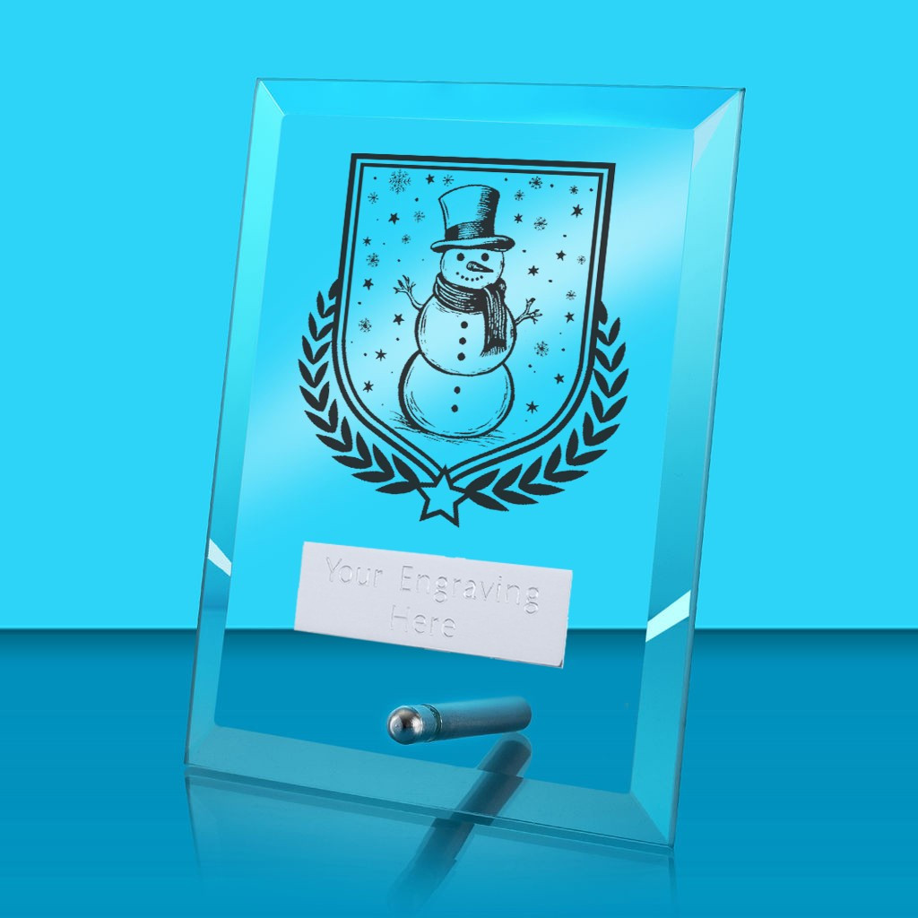 UV Colour Printed Snowman Glass Rectangle Award with Metal Pin