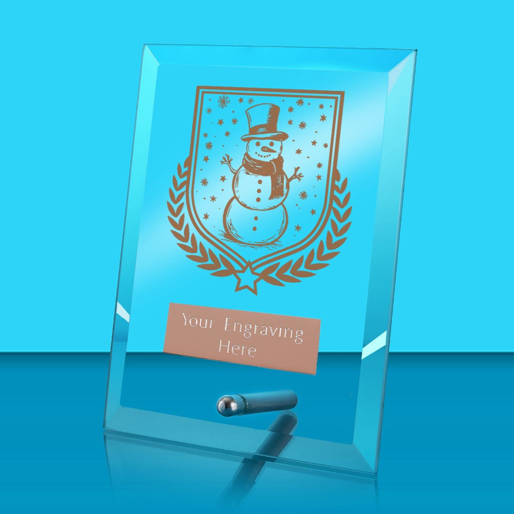 UV Colour Printed Snowman Glass Rectangle Award with Metal Pin