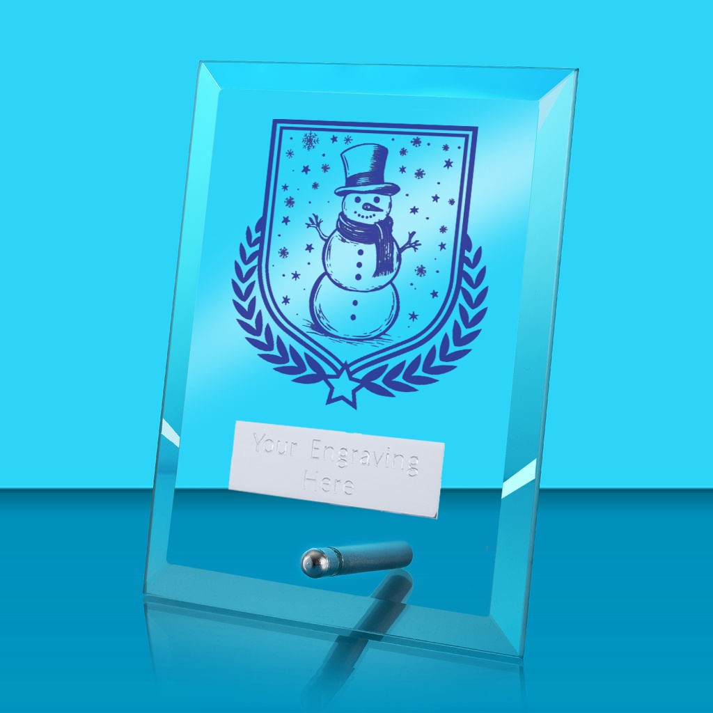 UV Colour Printed Snowman Glass Rectangle Award with Metal Pin
