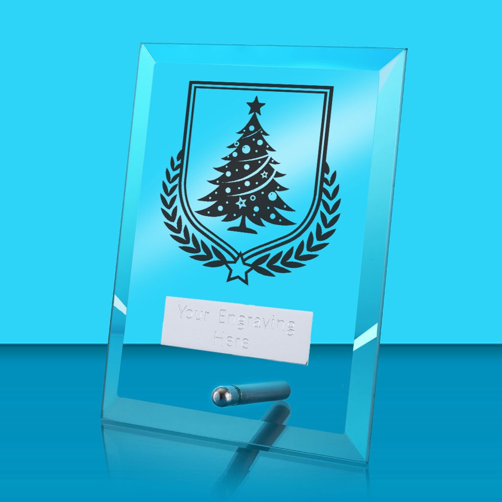 UV Colour Printed Christmas Tree Glass Rectangle Award with Metal Pin