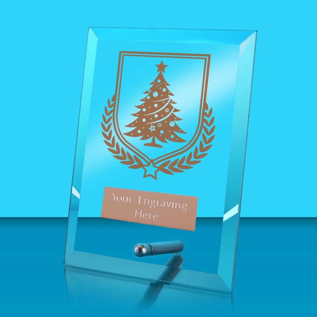 UV Colour Printed Christmas Tree Glass Rectangle Award with Metal Pin
