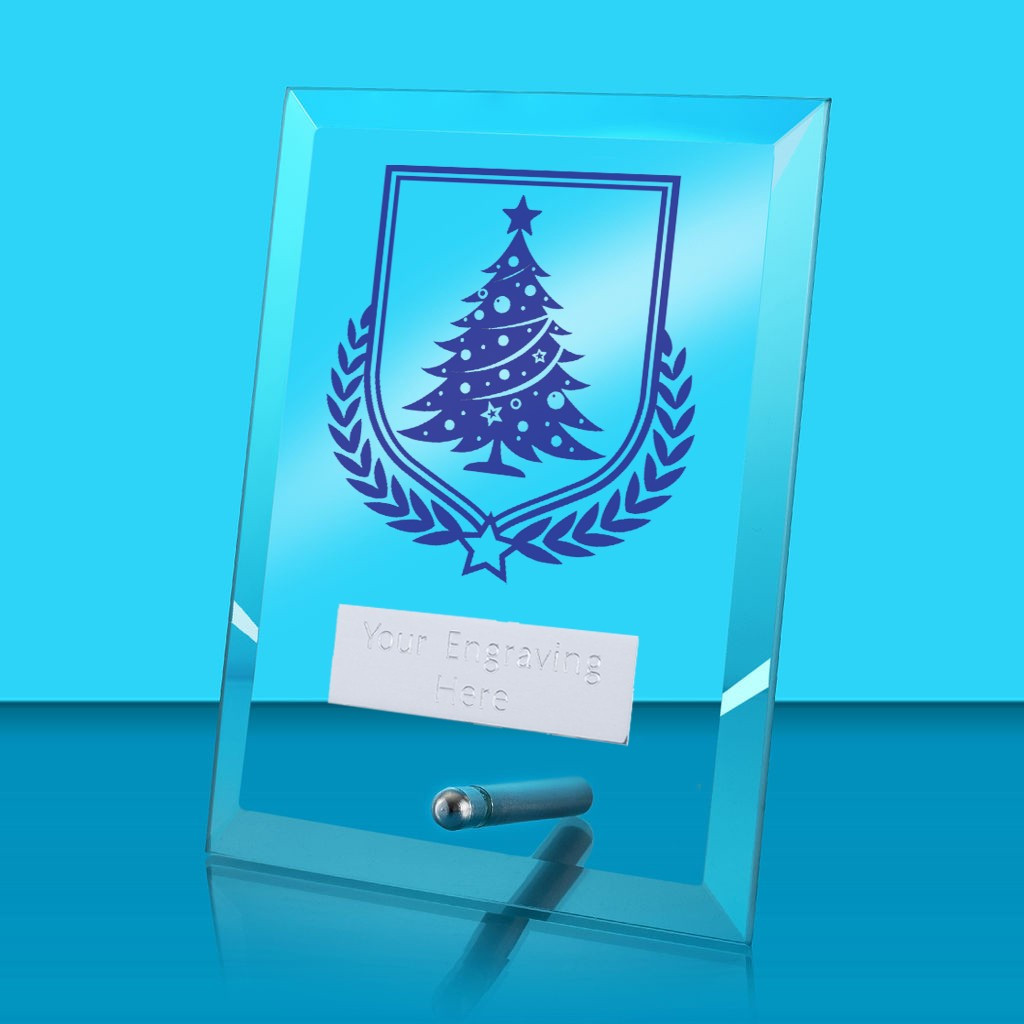 UV Colour Printed Christmas Tree Glass Rectangle Award with Metal Pin