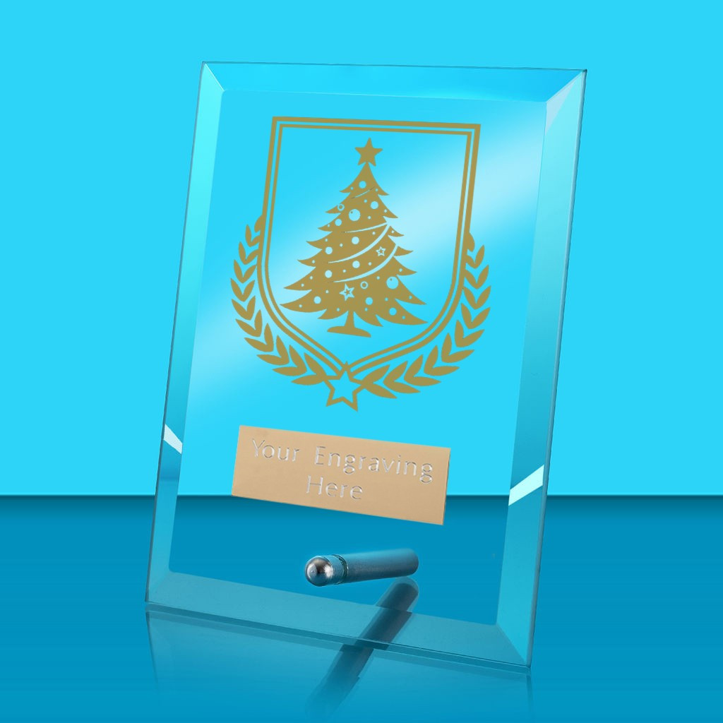 UV Colour Printed Christmas Tree Glass Rectangle Award with Metal Pin