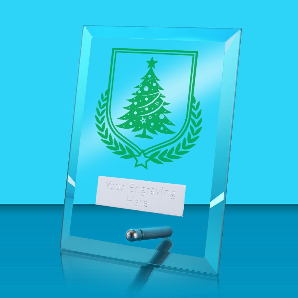 UV Colour Printed Christmas Tree Glass Rectangle Award with Metal Pin