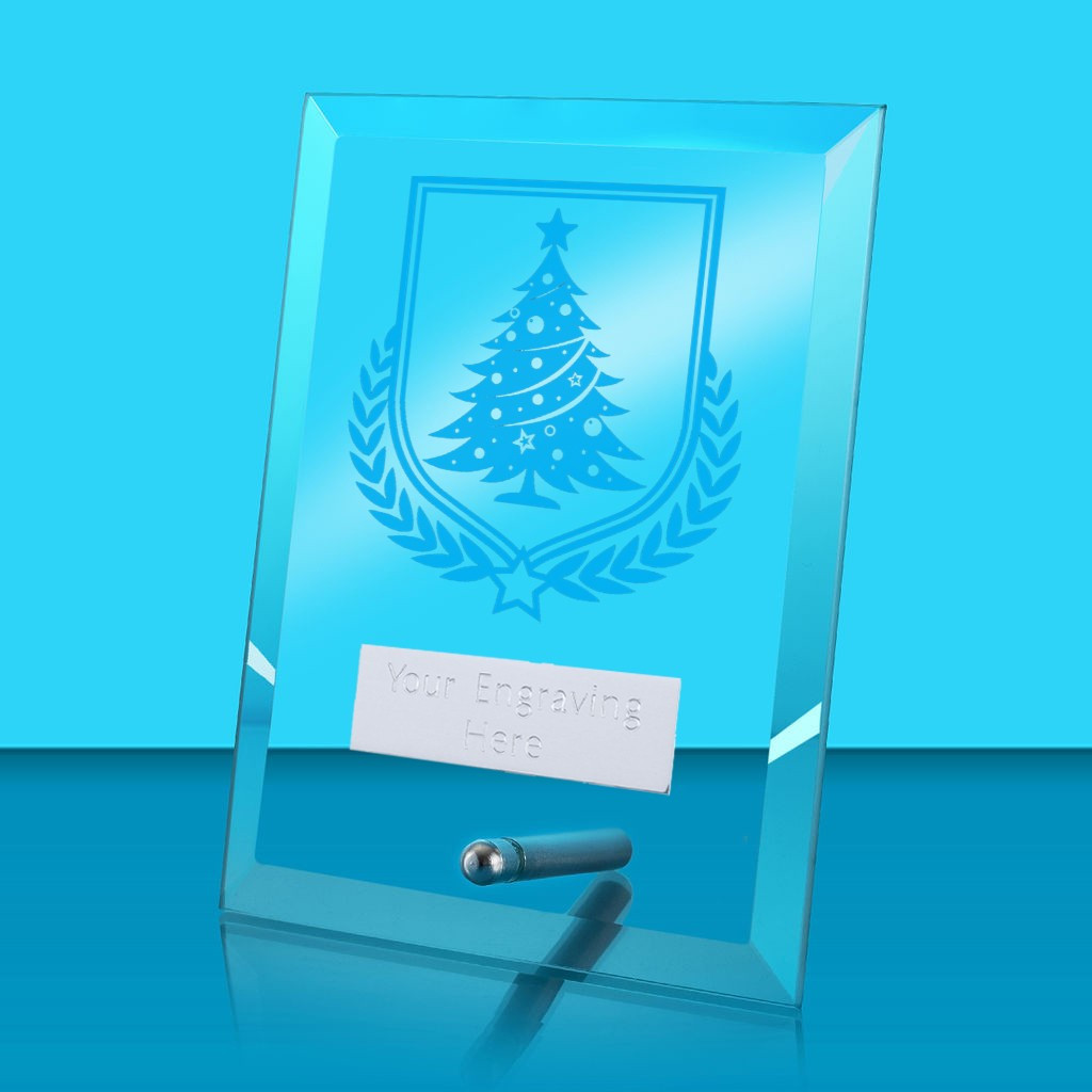 UV Colour Printed Christmas Tree Glass Rectangle Award with Metal Pin